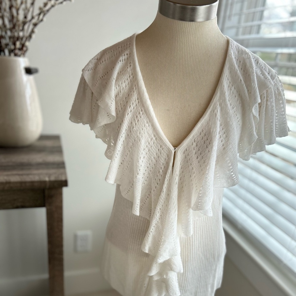 Ralph Lauren White Ruffle-Front Scoop Neck Sweater